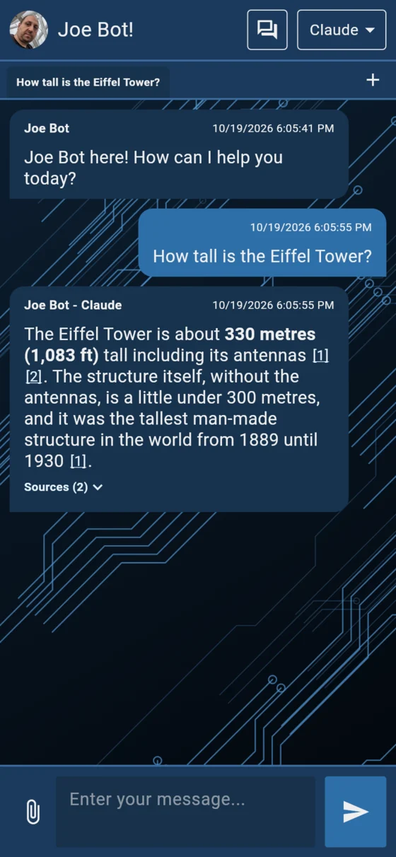 Joe Bot on a phone in the Dark blue theme: an answer with numbered source markers and a Sources list