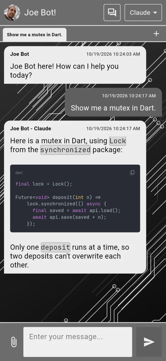 Joe Bot on a phone in the Default grey theme: a reply containing a syntax-highlighted Dart code block, over a circuit-board background