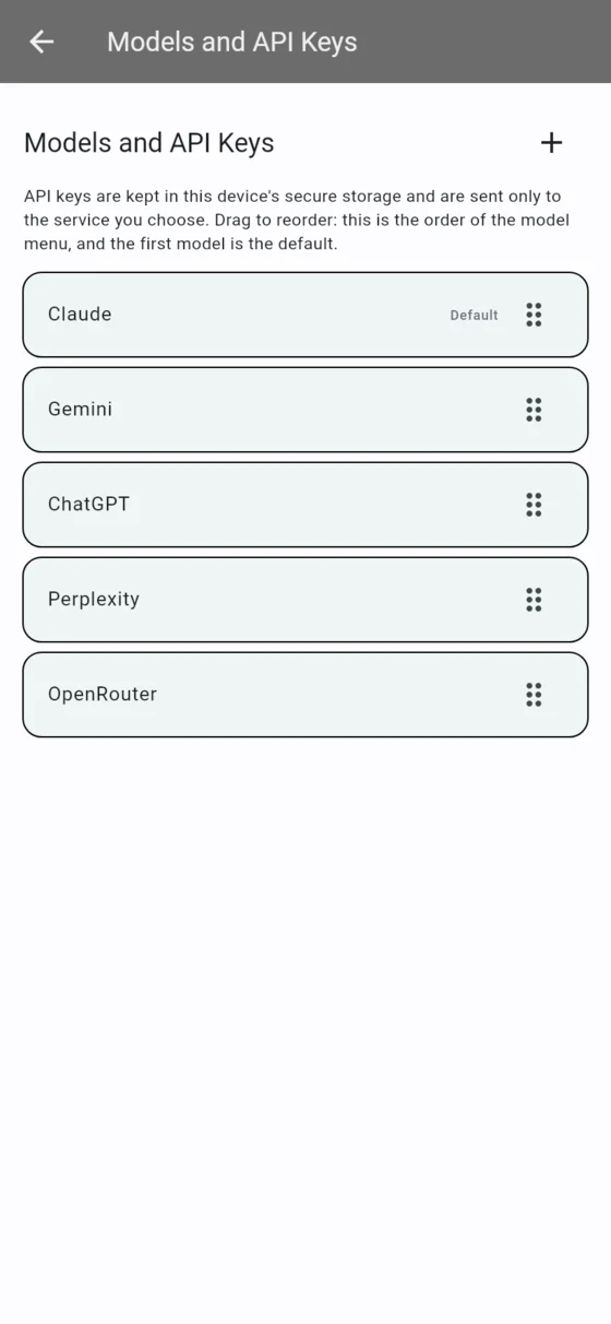 Joe Bot's Models and API Keys settings: a reorderable list with Claude as the default