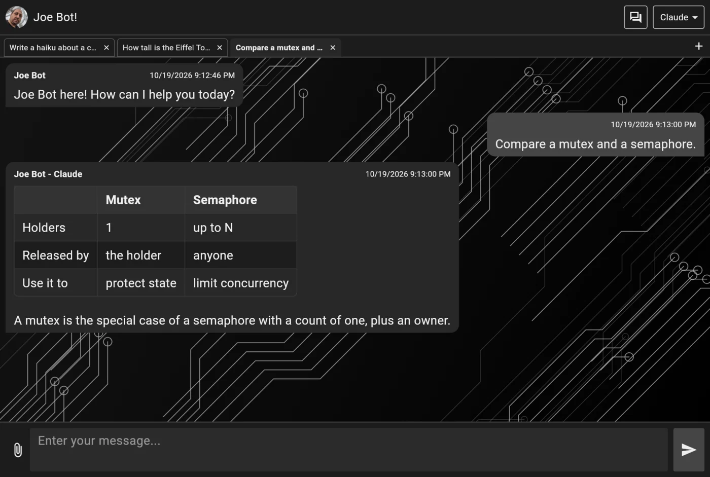 Joe Bot on a desktop in the Dark theme with three conversation tabs open and a table in the reply