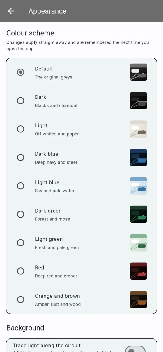 Joe Bot's Appearance settings listing nine colour schemes with small previews